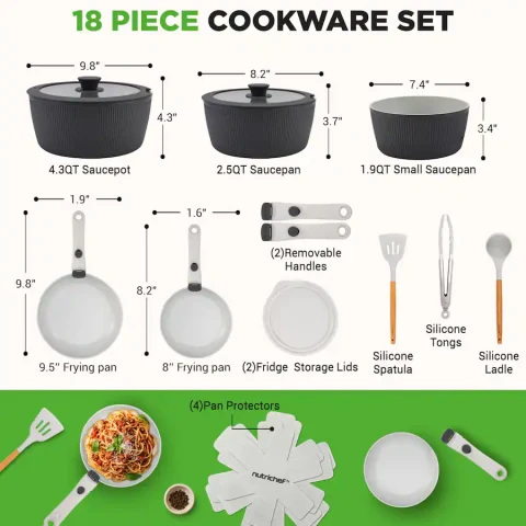 NutriChef - 18-Piece Ceramic Cookware Set with Detachable Handles, Non Stick Pots and Pans - Gray