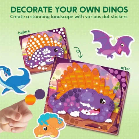 Joyfy - Dinosaur Dot Art Kit for Kids Ages 3-7, No Mess Sticker Arts & Crafts, DIY Creative Activity, Gifts for Boys Girls - Multicolored